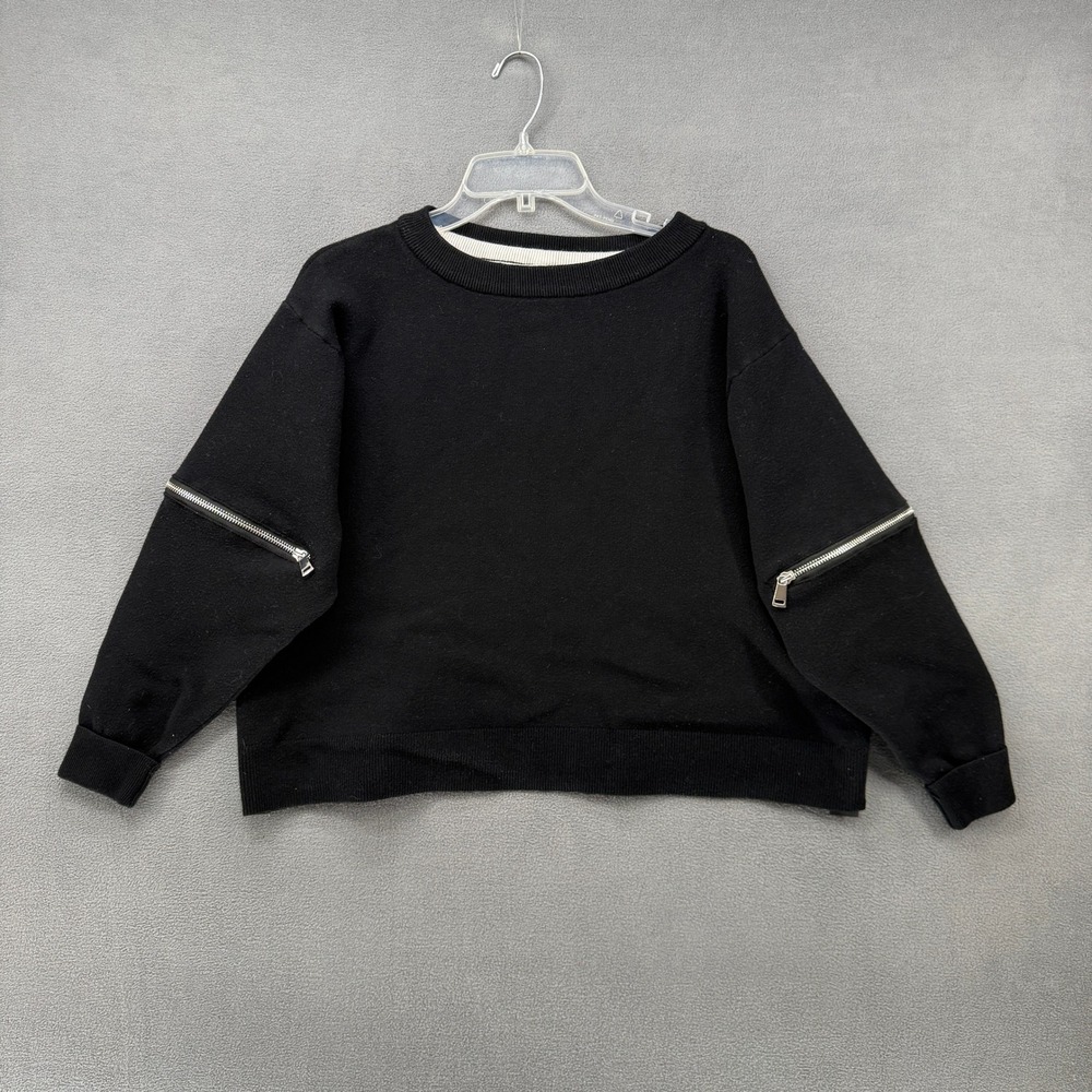 Zara Knit Sweater Black Zipper Sleeve Crew Neck Pullover Womens Small